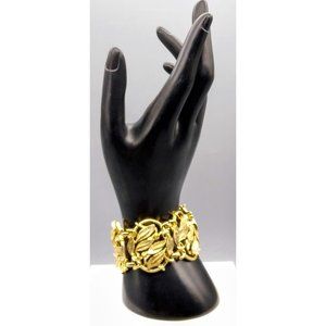 Ornate Leaves Panel Bracelet, Vintage Gold Tone Mid Century Wide Bangle